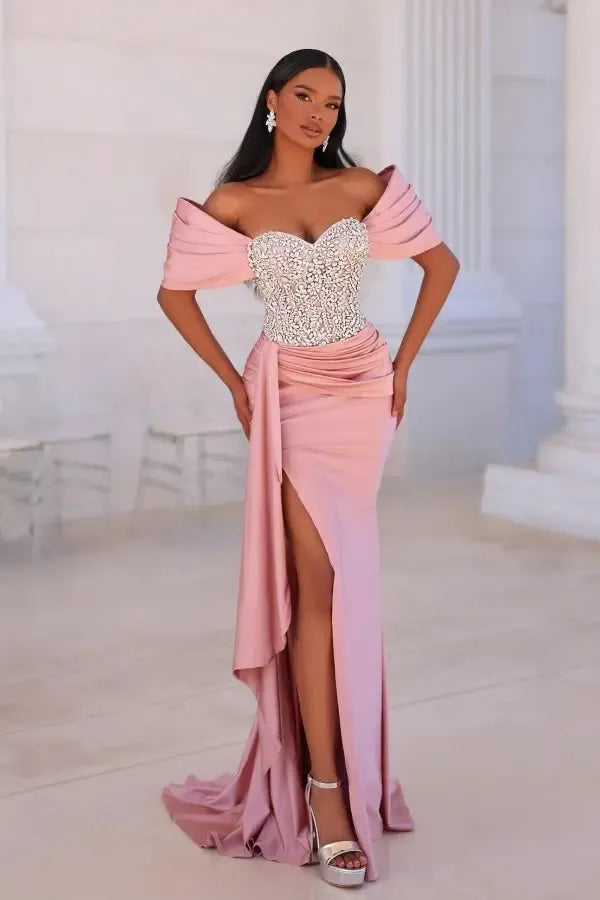 Off the Shoulder Beaded Prom Dresses Mermaid Evening Formal Dresses with Panel Train