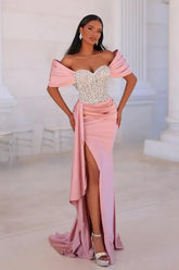 Off the Shoulder Beaded Prom Dresses Mermaid Evening Formal Dresses with Panel Train