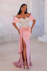 Off the Shoulder Beaded Prom Dresses Mermaid Evening Formal Dresses with Panel Train