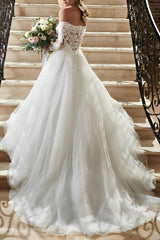 Off the Shoulder Lace Wedding Dress With Tulle and Long Sleeves