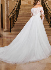 Off the Shoulder Lace Wedding Dress With Tulle and Long Sleeves