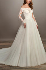 Off the Shoulder Lace Wedding Dress With Tulle and Long Sleeves