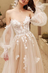Off the Shoulder Lace/Tulle Wedding Dress With Detachable Sleeve