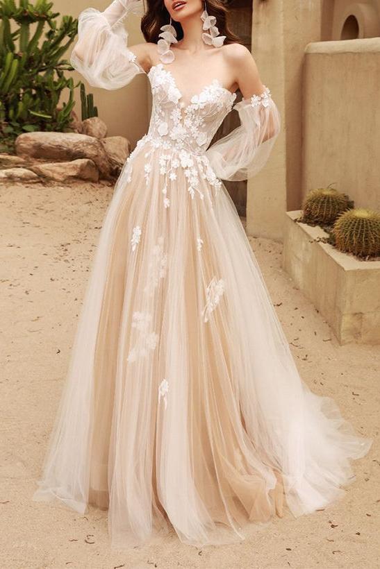 Off the Shoulder Lace/Tulle Wedding Dress With Detachable Sleeve