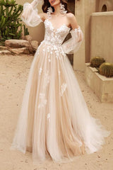 Off the Shoulder Lace/Tulle Wedding Dress With Detachable Sleeve