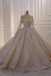 Off the Shoulder Long Sleeve Ball Gown Wedding Dress with Lace Appliques