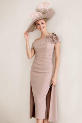Off the Shoulder Pleated Tea Length Mother of the Bride Dresses with 3D Flower in Sheath Column Style