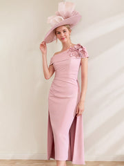 Off the Shoulder Pleated Tea Length Mother of the Bride Dresses with 3D Flower in Sheath Column Style