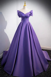 Off the Shoulder Prom Dress Satin Purple Long Evening Dress