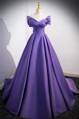 Off the Shoulder Prom Dress Satin Purple Long Evening Dress