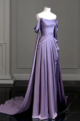 Off-the-shoulder ruched satin A-line prom dress with draped sash shown in purple