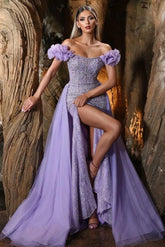 Off-the-Shoulder Sequin Prom Dress with Ruffle Sleeves and Detachable Train, full front view with sheer tulle overskirt