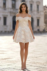 Off-the-Shoulder Sequined Mini Dress with Sweetheart Neckline Homecoming Dresses