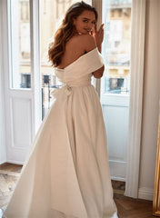 Off the Shoulder Sleeveless Satin Court Train Wedding Dress