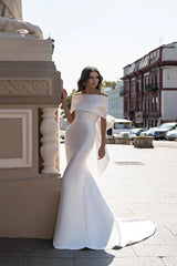 Off the Shoulder Sleeveless Satin Sweep Train Wedding Dress With Bow(s)