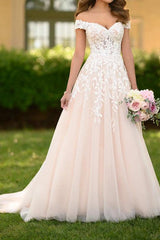Off the Shoulder Sleeveless Tulle Sweep Train Wedding Dress With Appliques Lace