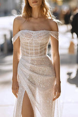 Off the Shoulder Sweep Train Sequined Wedding Dress With Split Front