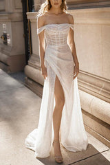 Off the Shoulder Sweep Train Sequined Wedding Dress With Split Front