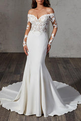 Off the Shoulder Sweep Train Wedding Dress With Lace Trumpet/Mermaid