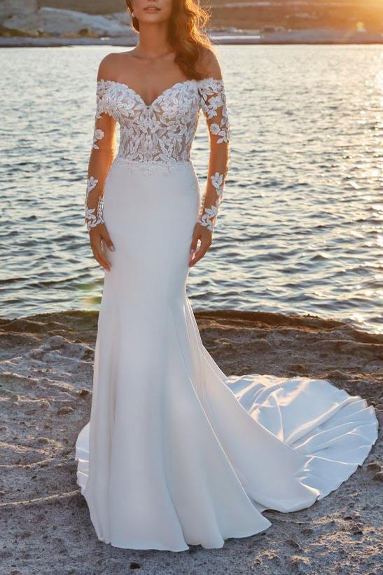 Off the Shoulder Sweep Train Wedding Dress With Lace Trumpet/Mermaid