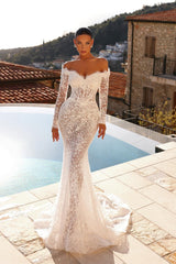 Off the Shoulder Wedding Dress Long Sleeves Lace Appliqued Bridal Gown with Detachable Train