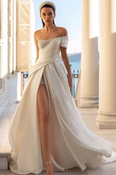 Off the shoulder Satin A Line/Princess Wedding Dress with Sequins Split Front