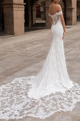 Off the shoulder Satin Lace Chapel Train Wedding Dress With Lace Trumpet/Mermaid