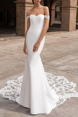 Off the shoulder Satin Lace Chapel Train Wedding Dress With Lace Trumpet/Mermaid