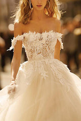 Off the shoulder Tulle Lace Sweep Train Wedding Dress