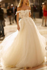 Off the shoulder Tulle Lace Sweep Train Wedding Dress