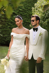 Off The Shoulder Beach Wedding Dress Satin Mermaid Bridal Gown