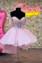 Off The Shoulder Homecoming Dress A Line Corset Appliqued High Low Cocktail Dress