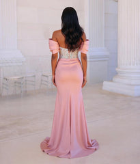Off the Shoulder Beaded Prom Dresses Mermaid Evening Formal Dresses with Panel Train