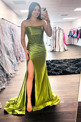 Olive Prom Dress Satin Corset Strapless Long Formal Dress With Slit