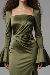 Olive Satin Square Neck Mermaid Flare Sleeves Long Evening Dress With Slit