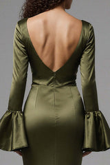 Olive Satin Square Neck Mermaid Flare Sleeves Long Evening Dress With Slit