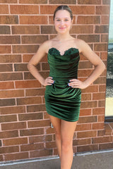 Olive Strapless Velvet Cocktail Dress Tight Ruched Short Christmas Party Dress