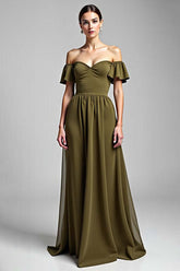 Olive Wedding Guest Dress Chiffon A Line Long Formal Dress With Ruffles