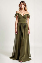 Olive Wedding Guest Dress Chiffon Long Off The Shoulder Formal Dress