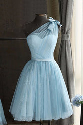 One Shoulder Blue Homecoming Dress Prom Dress With Bowknot