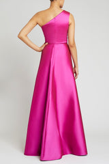 One Shoulder Bridesmaid Dress Fuchsia Wedding Guest Dress with Panel Train
