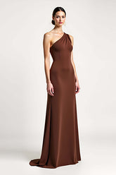 One Shoulder Brown Sheath Long Formal Dress With Bow