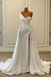 One Shoulder Charmeuse White Wedding Dress with Beadings