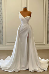 One Shoulder Charmeuse White Wedding Dress with Beadings