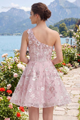 One Shoulder Floral Pink Short Corset Homecoming Dress