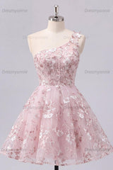 One Shoulder Floral Pink Short Corset Homecoming Dress