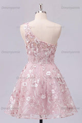 One Shoulder Floral Pink Short Corset Homecoming Dress