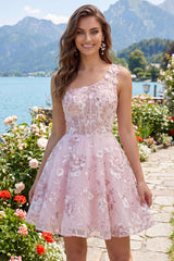 One Shoulder Floral A Line Pink Short Corset Homecoming Dress