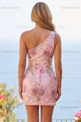 Pink One-Shoulder Floral Beaded Tight Short Homecoming Dress