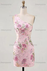 Pink One-Shoulder Floral Beaded Tight Short Homecoming Dress